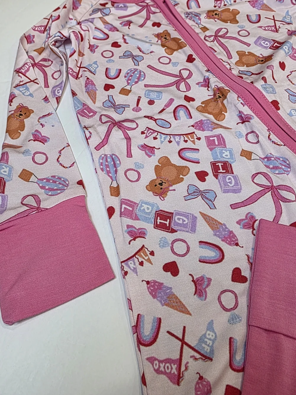 Remi & Friends Pink Teddy Bear Print Girl Kids Bamboo Zipper Convertible 18/24 M